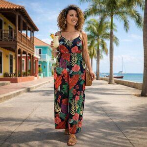 2XL Tropical Print Plus Size Jumpsuit Cami Straps Colorful Trendy Beach Vibes